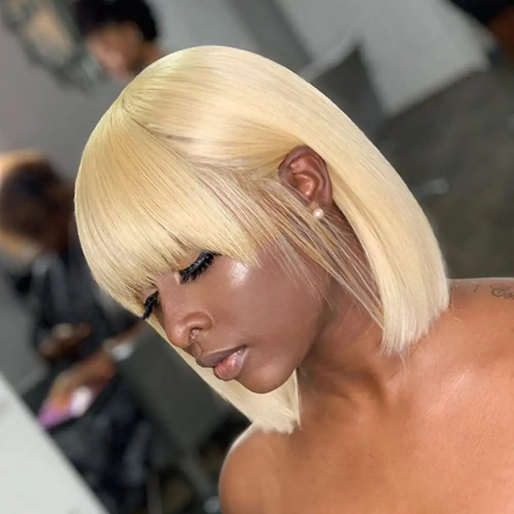 Straight Short Bob Wig With Bangs 613 Blonde Color Wigs 100% Brazilian Virgin Human Hair Wigs 13X4 HD Lace Front Wig For Women