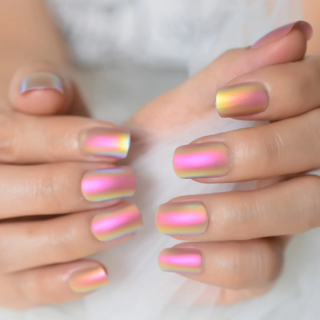 24 pcs press on nail tips short chrome matte  cover fake nails art with tools bag for daily wear