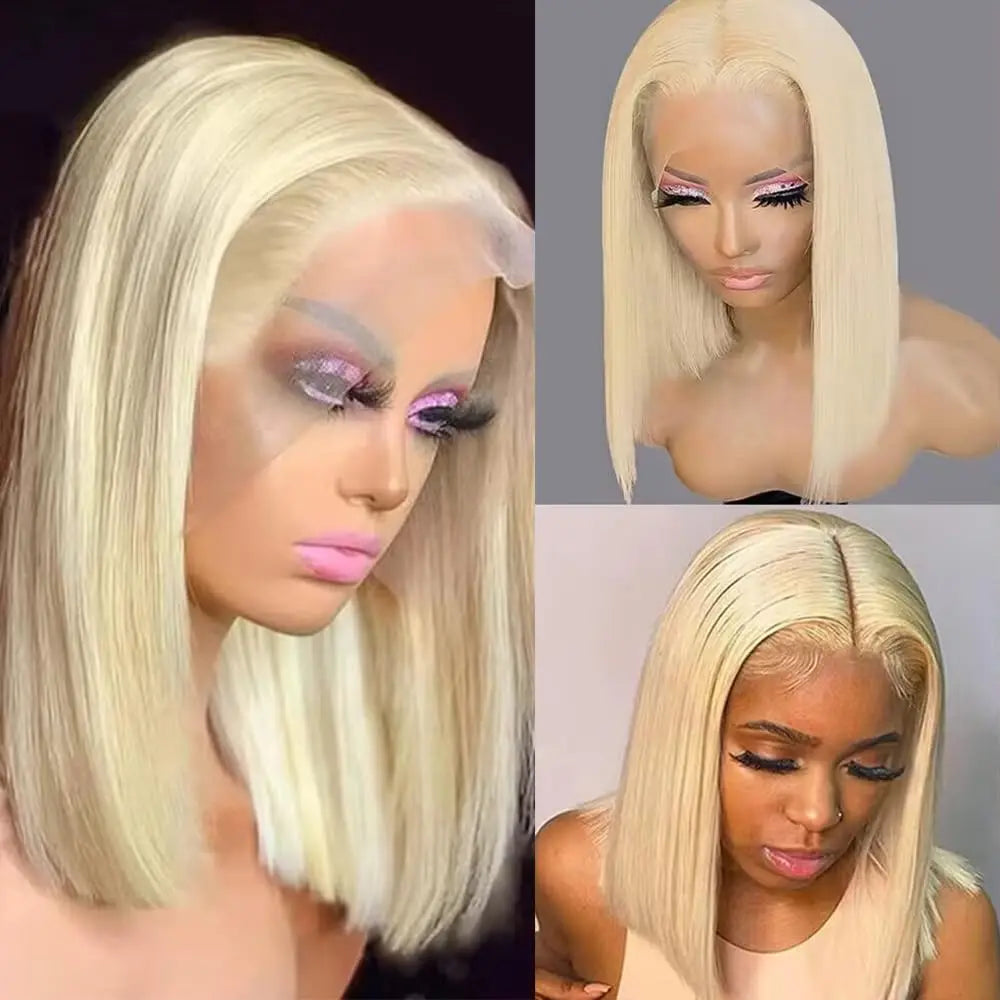 Straight Short Bob Wig With Bangs 613 Blonde Color Wigs 100% Brazilian Virgin Human Hair Wigs 13X4 HD Lace Front Wig For Women