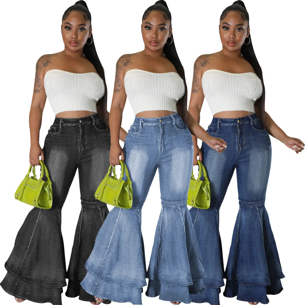 HSF2645 Latest Design Fashion Versatile Denim Jeans Women Wide Leg Wash Denim Elastic Flare Jeans Pants for Women