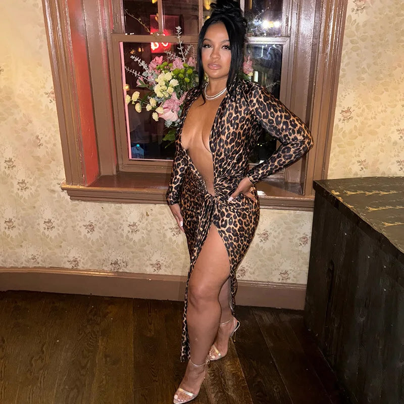 Leopard Luxe Deep-V Split Midi Dress