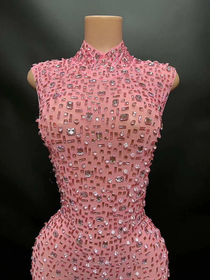 Novance Y2507-G Pink Club Dress Custom Women Clothes Diamond Birthday Dress Diamond Dress Women Crystal