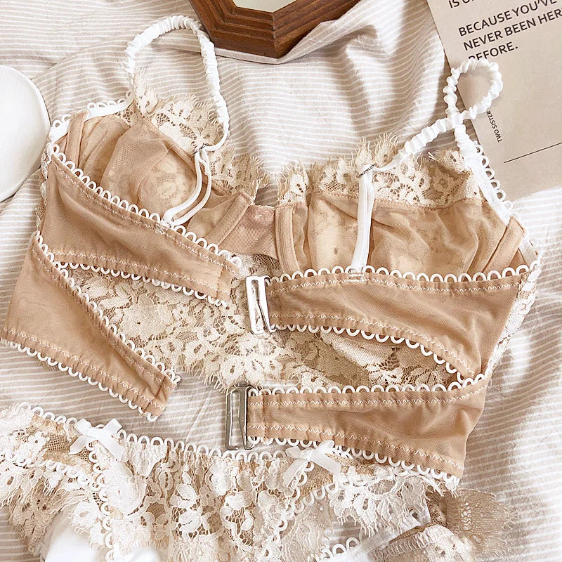 2 Styles,Ultra-thin +Thin Cotton,French Transparent Lace Back Steel Ring Push Up Women Sexy Lingerie Suits Long Button Bra Sets