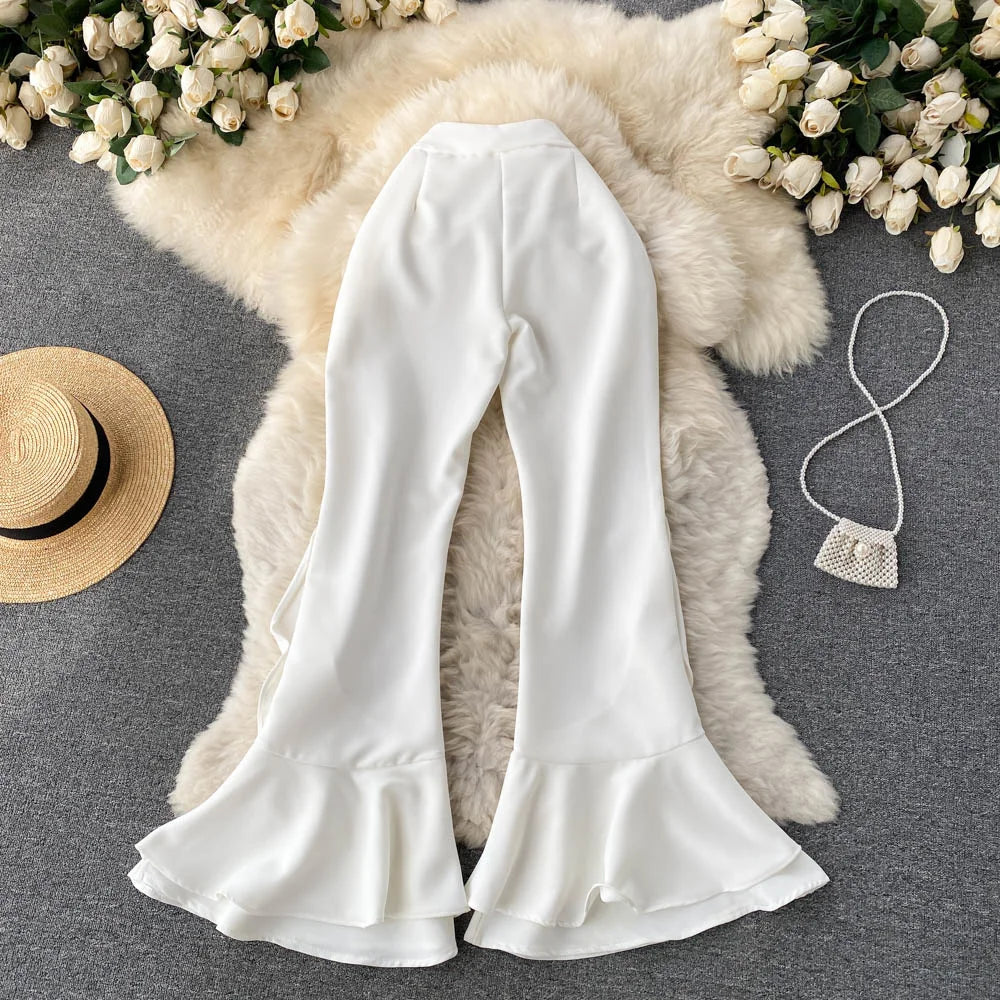 New Stylish Ruffles Flare Pants for Women White Black Zipper-up High Waist Long Trousers 2025 Spring Autumn Korean Long Pants