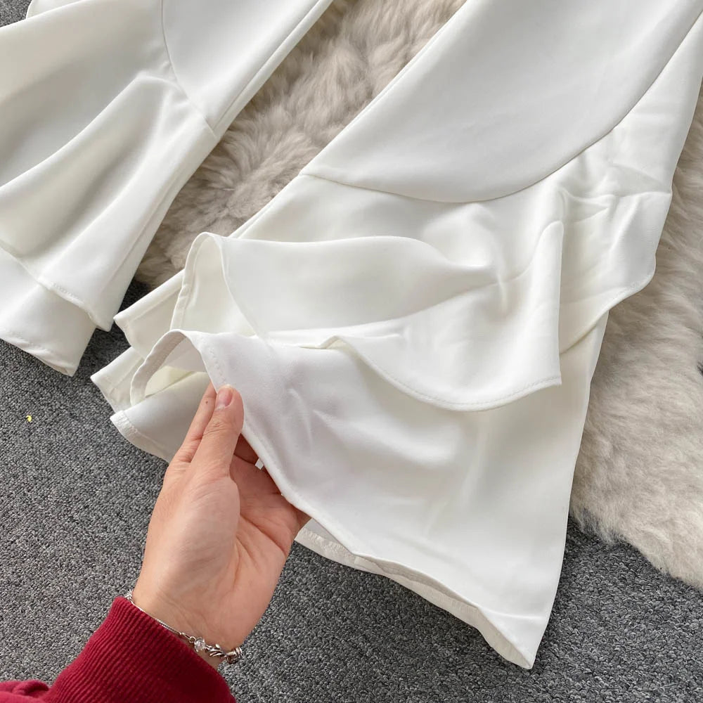 New Stylish Ruffles Flare Pants for Women White Black Zipper-up High Waist Long Trousers 2025 Spring Autumn Korean Long Pants