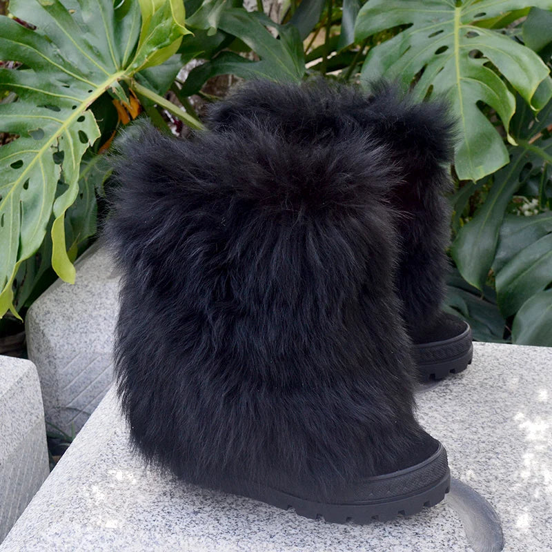 Fashion Black White Real Fox Fur Snow Boots 10cm Inner Wedge Increased Thick Sole Mid Boots Winter Full Fur Boots Woman Booties