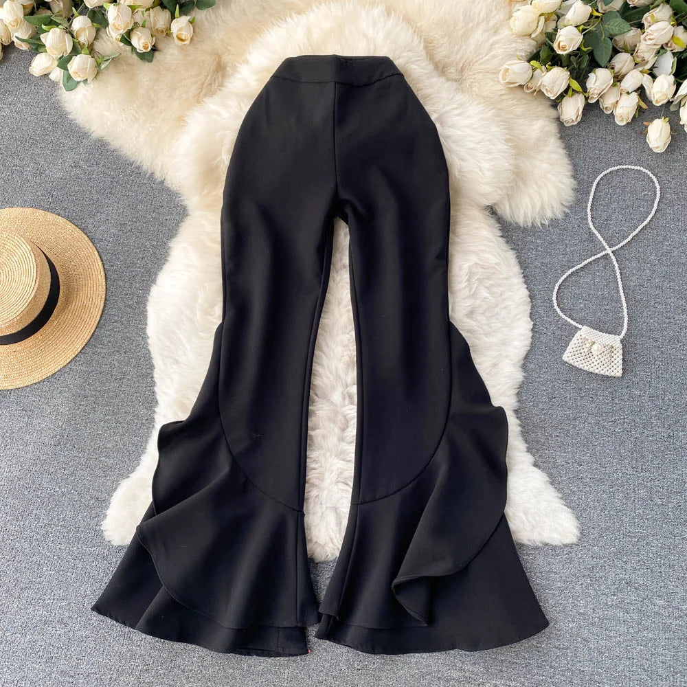 New Stylish Ruffles Flare Pants for Women White Black Zipper-up High Waist Long Trousers 2025 Spring Autumn Korean Long Pants