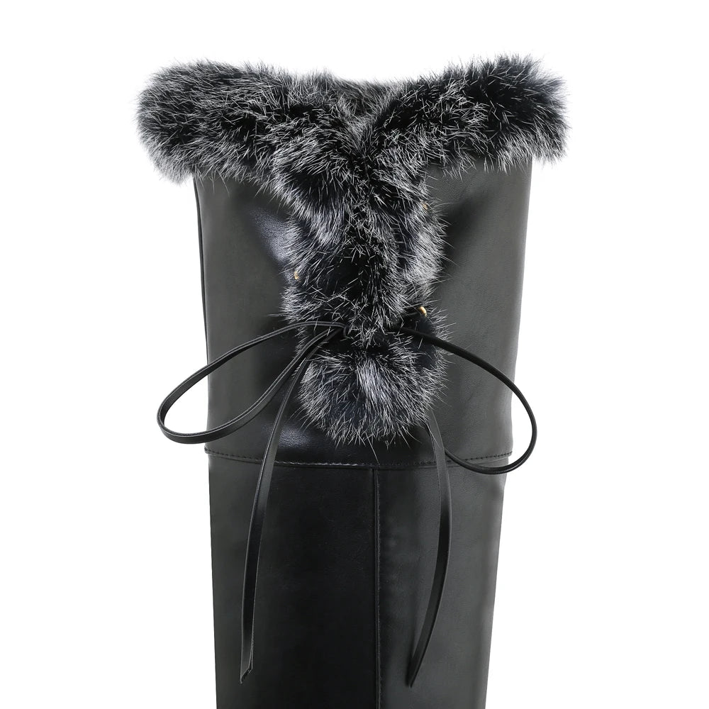 Cuffed Faux Fur Thick-Soled Over-The-Knee Boots Lace-Up Side Buckle Sweet Thick-Heeled Boots Warm And Comfortable Women's Shoes