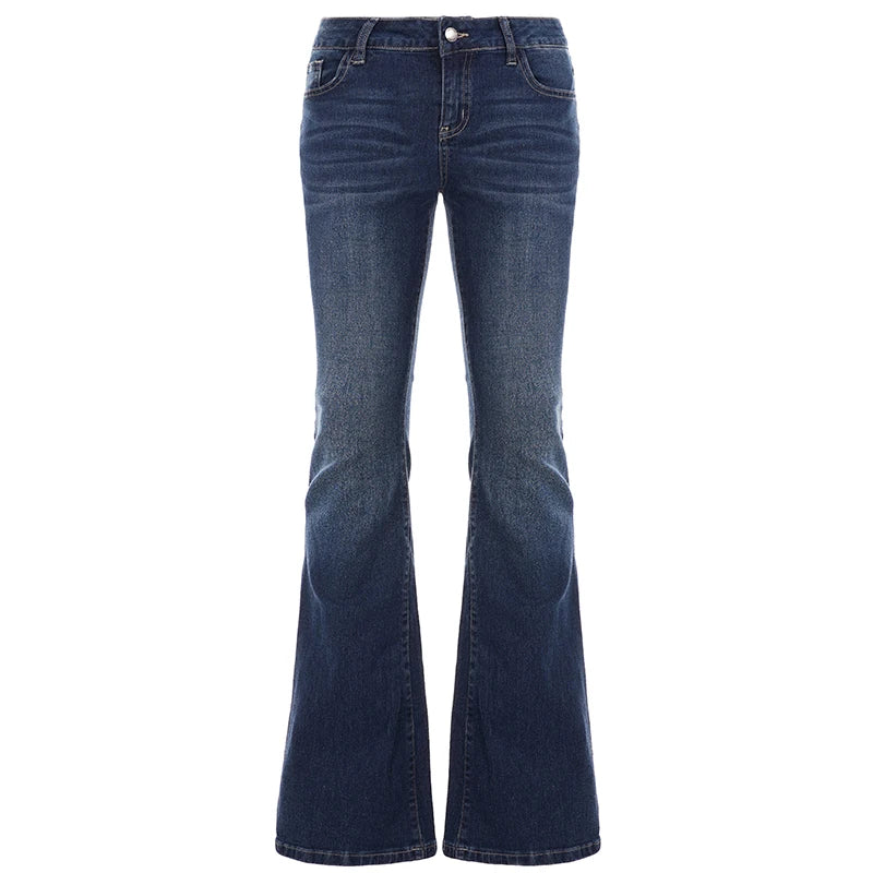 Low-rise stretch slim-fit blue jeans, basic casual retro sexy flare trousers