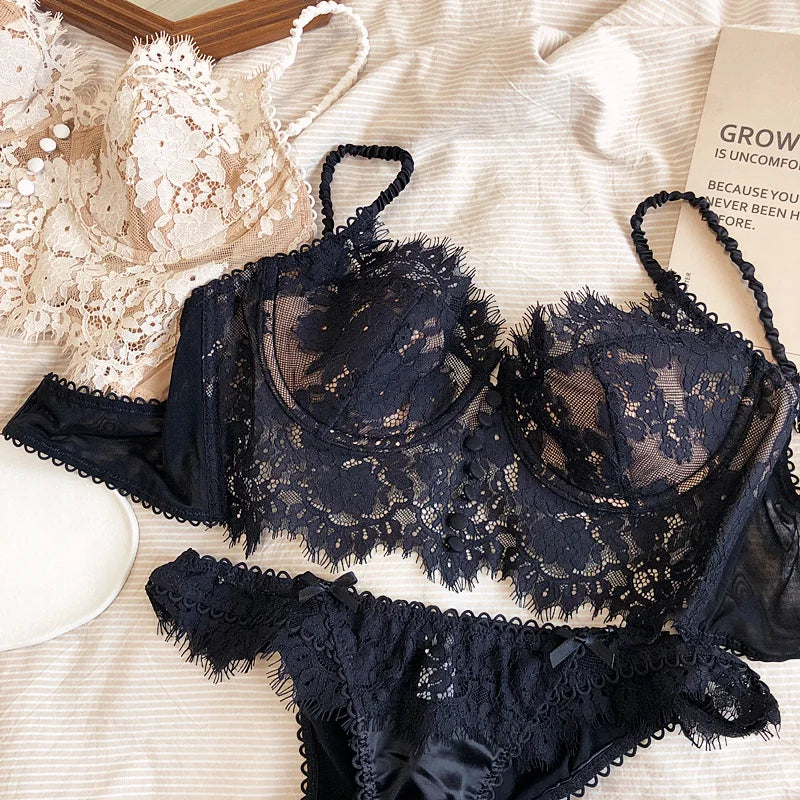 2 Styles,Ultra-thin +Thin Cotton,French Transparent Lace Back Steel Ring Push Up Women Sexy Lingerie Suits Long Button Bra Sets