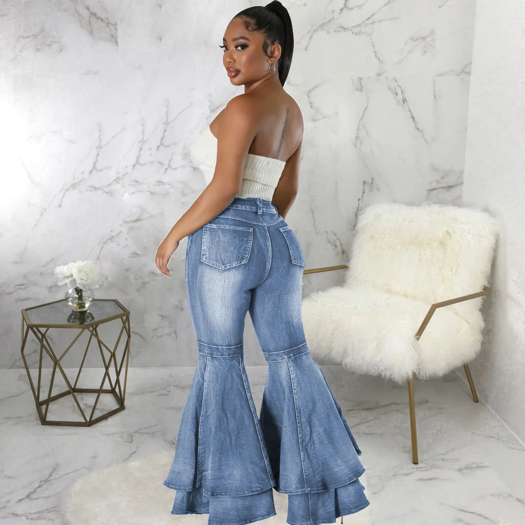 HSF2645 Latest Design Fashion Versatile Denim Jeans Women Wide Leg Wash Denim Elastic Flare Jeans Pants for Women