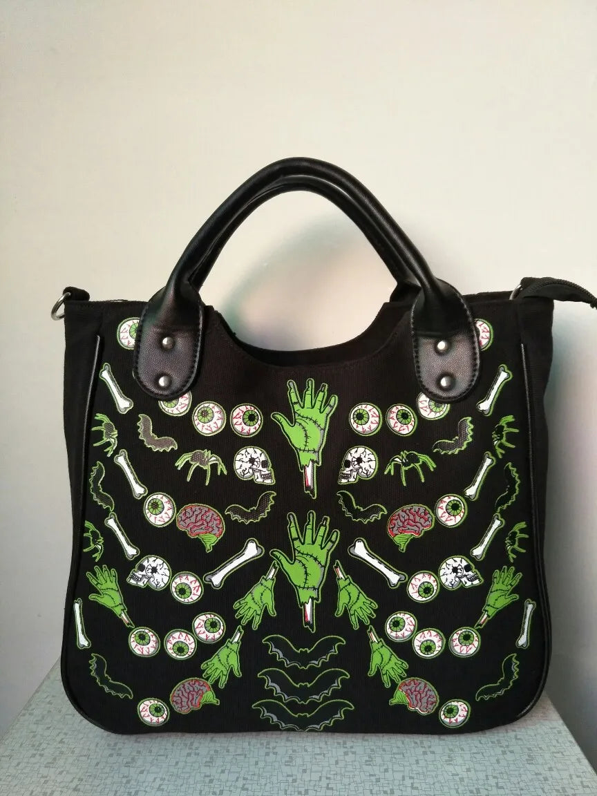 Women Lady Skeleton Bones Bats Skulls Eyeballs Ribcage Gothic Shoulder Bag Handbag Horror Emo