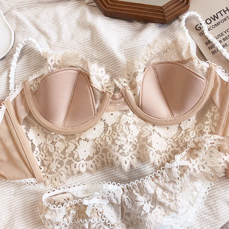 2 Styles,Ultra-thin +Thin Cotton,French Transparent Lace Back Steel Ring Push Up Women Sexy Lingerie Suits Long Button Bra Sets