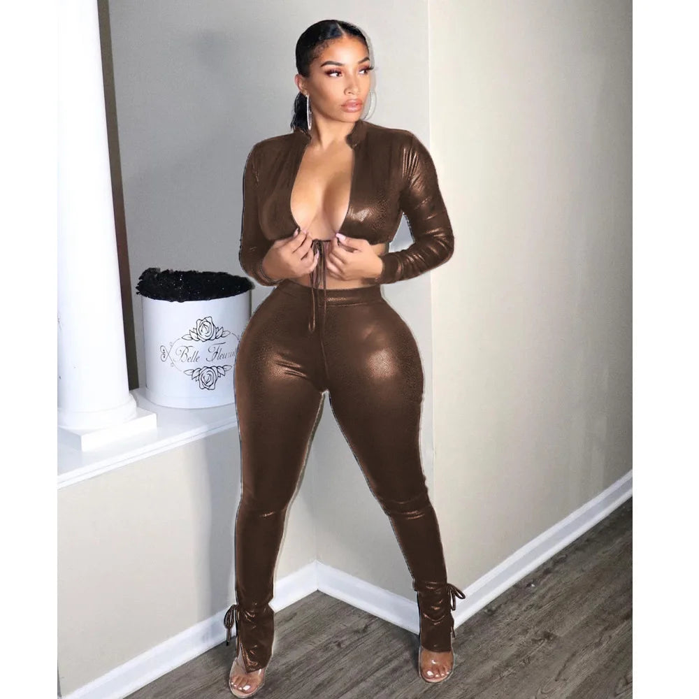 Women Two Piece PU Leather Bandage Long Sleeve Tie Front Crop Top & Pants Set