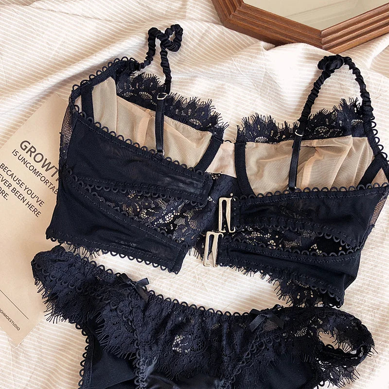 2 Styles,Ultra-thin +Thin Cotton,French Transparent Lace Back Steel Ring Push Up Women Sexy Lingerie Suits Long Button Bra Sets