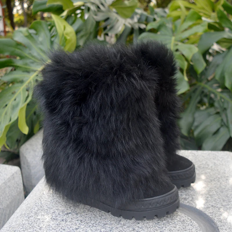 Fashion Black White Real Fox Fur Snow Boots 10cm Inner Wedge Increased Thick Sole Mid Boots Winter Full Fur Boots Woman Booties