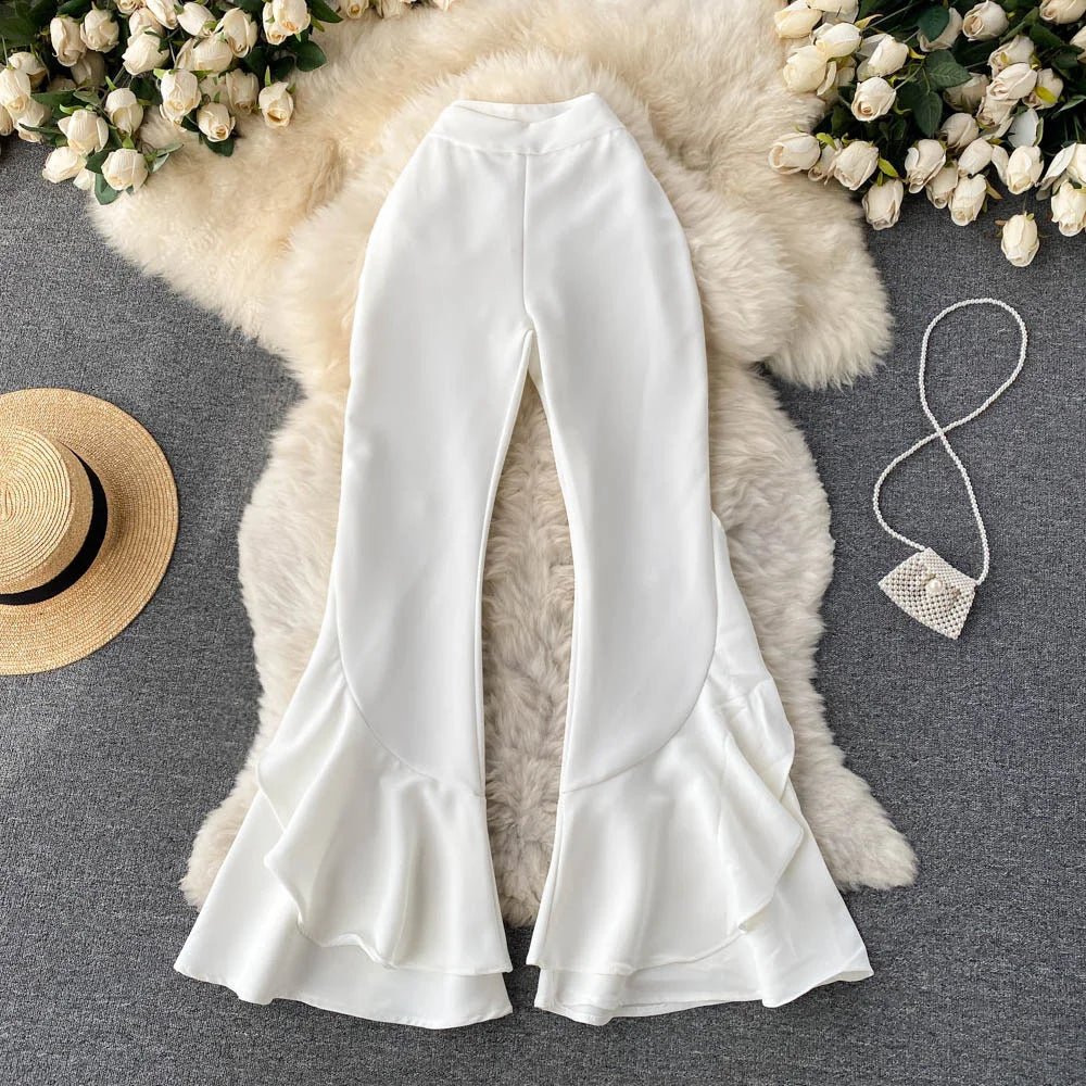 New Stylish Ruffles Flare Pants for Women White Black Zipper-up High Waist Long Trousers 2025 Spring Autumn Korean Long Pants