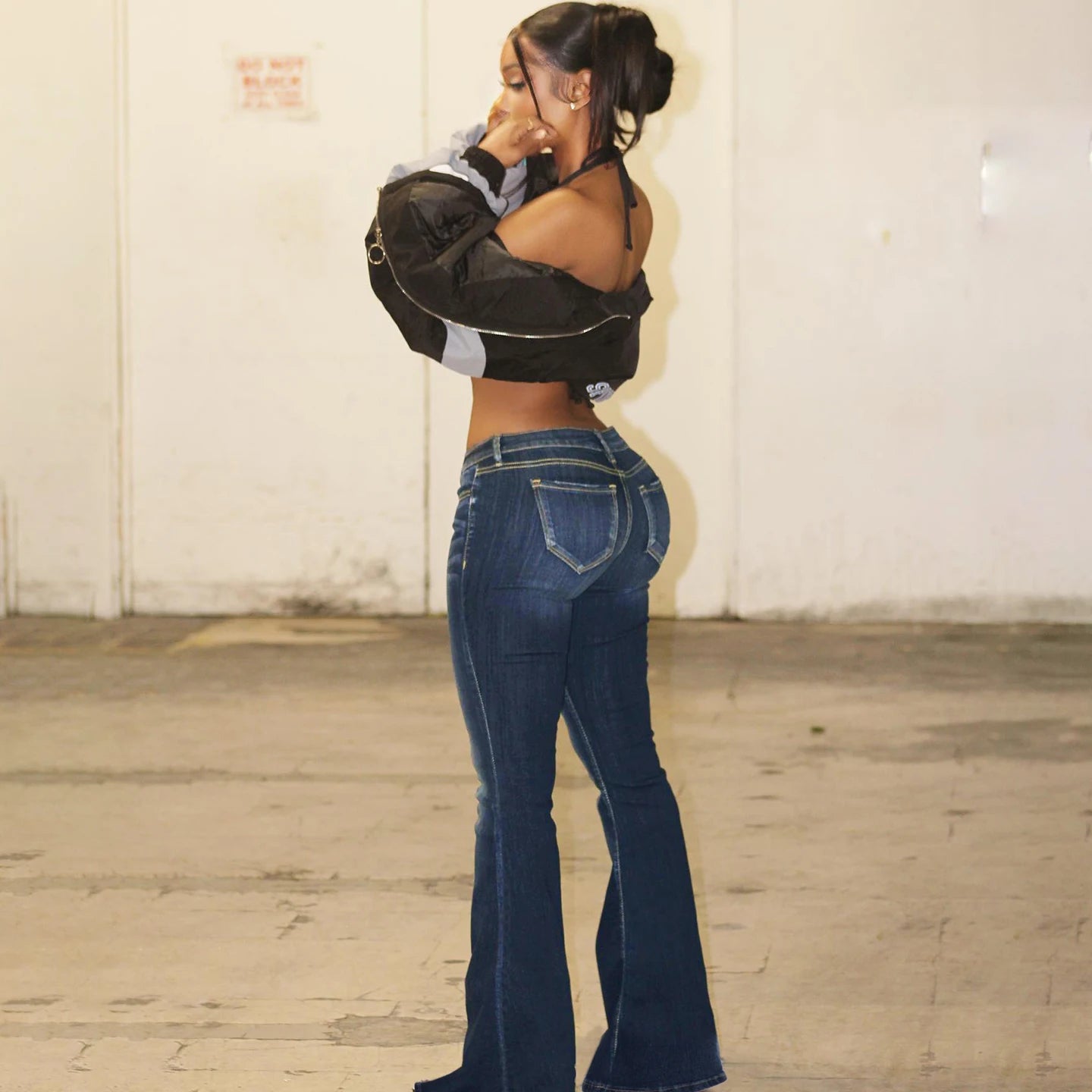 Low-rise stretch slim-fit blue jeans, basic casual retro sexy flare trousers