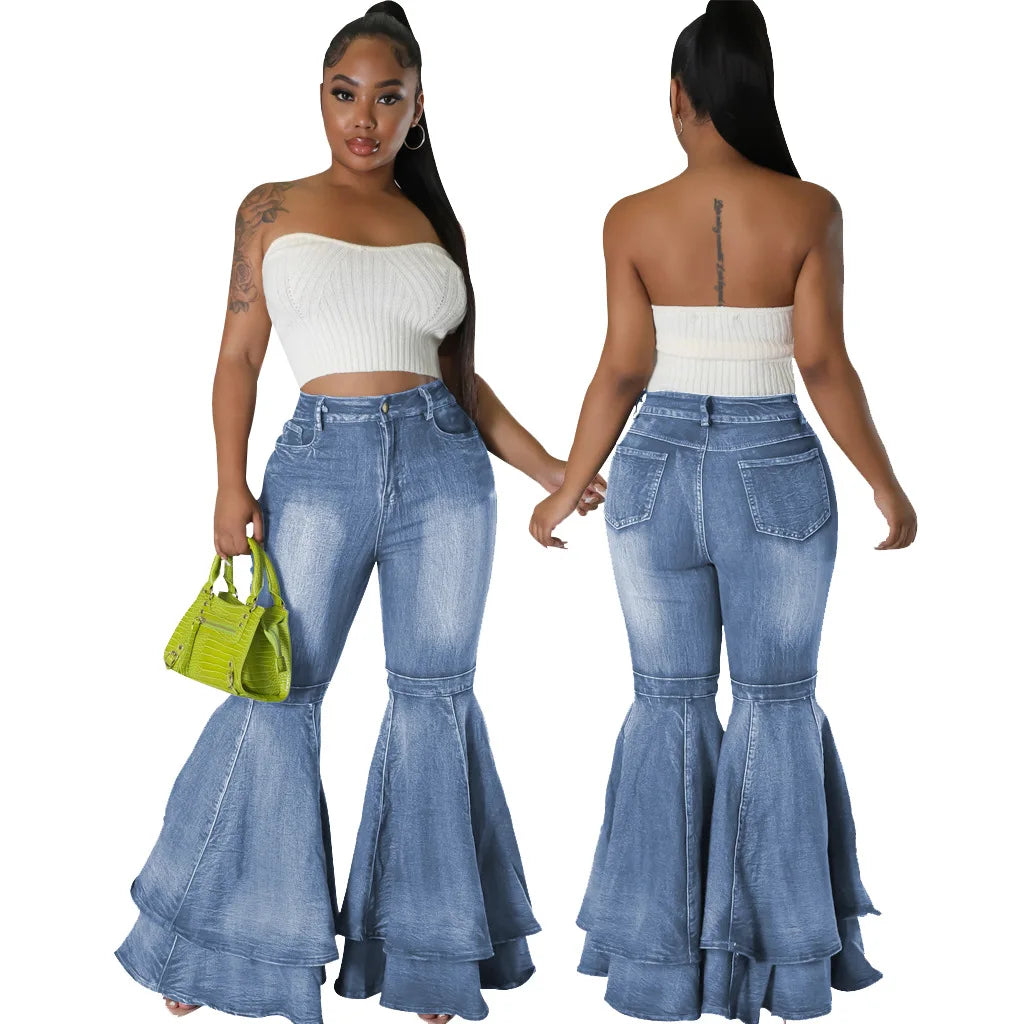 HSF2645 Latest Design Fashion Versatile Denim Jeans Women Wide Leg Wash Denim Elastic Flare Jeans Pants for Women