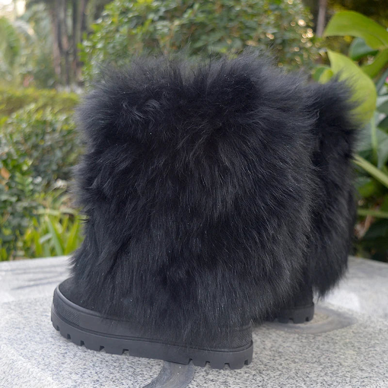 Fashion Black White Real Fox Fur Snow Boots 10cm Inner Wedge Increased Thick Sole Mid Boots Winter Full Fur Boots Woman Booties