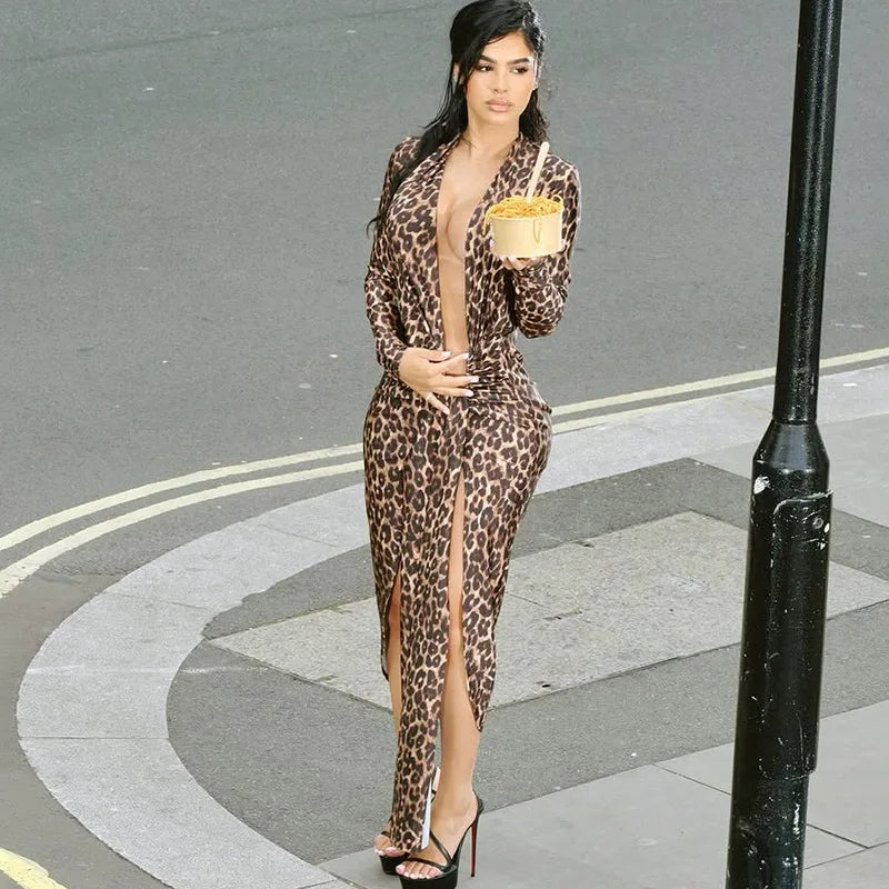 Leopard Luxe Deep-V Split Midi Dress