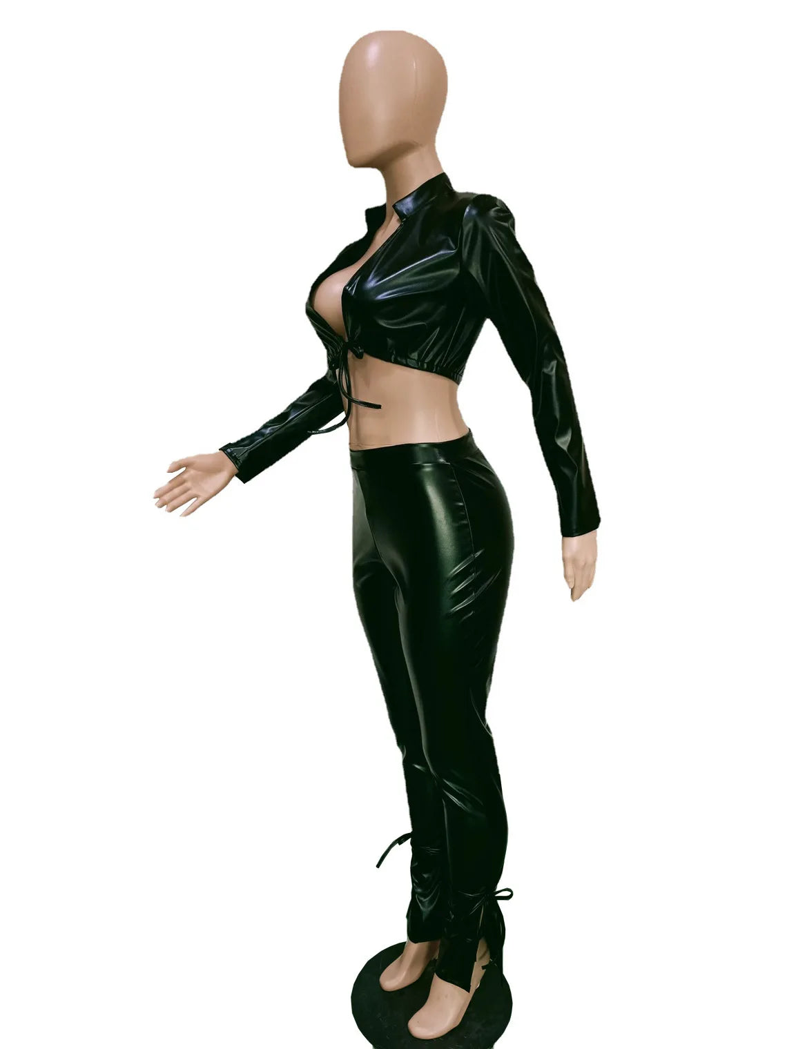 Women Two Piece PU Leather Bandage Long Sleeve Tie Front Crop Top & Pants Set