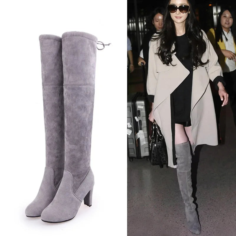 Women boot Faux Suede Women Over The Knee Boots Lace Up Sexy High Heels Shoes Woman Female Slim Thigh High Boots 2019