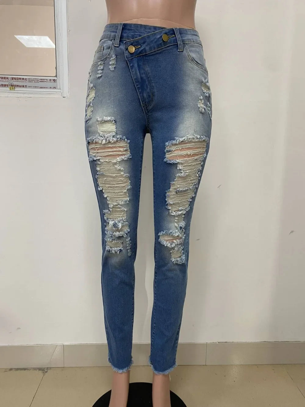 Jeans Ankle Length Women Pencil Denim Hole Pants Ripped Pockets High Waist Jean Skinny Streetwear Button Washed Distressed