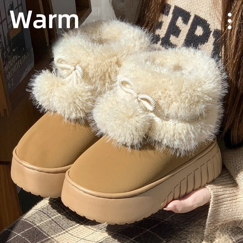 Women Fashion Snow Boots Warm Faux Fur Winter Platform Shoes Thick Sole Cute Plush Balls Female Indoor Street Short Botas