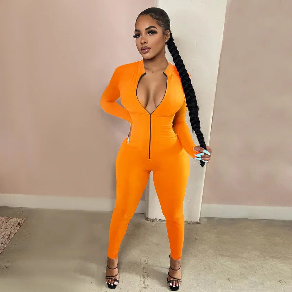 Deep V Zip-Up Bodycon Jumpsuit