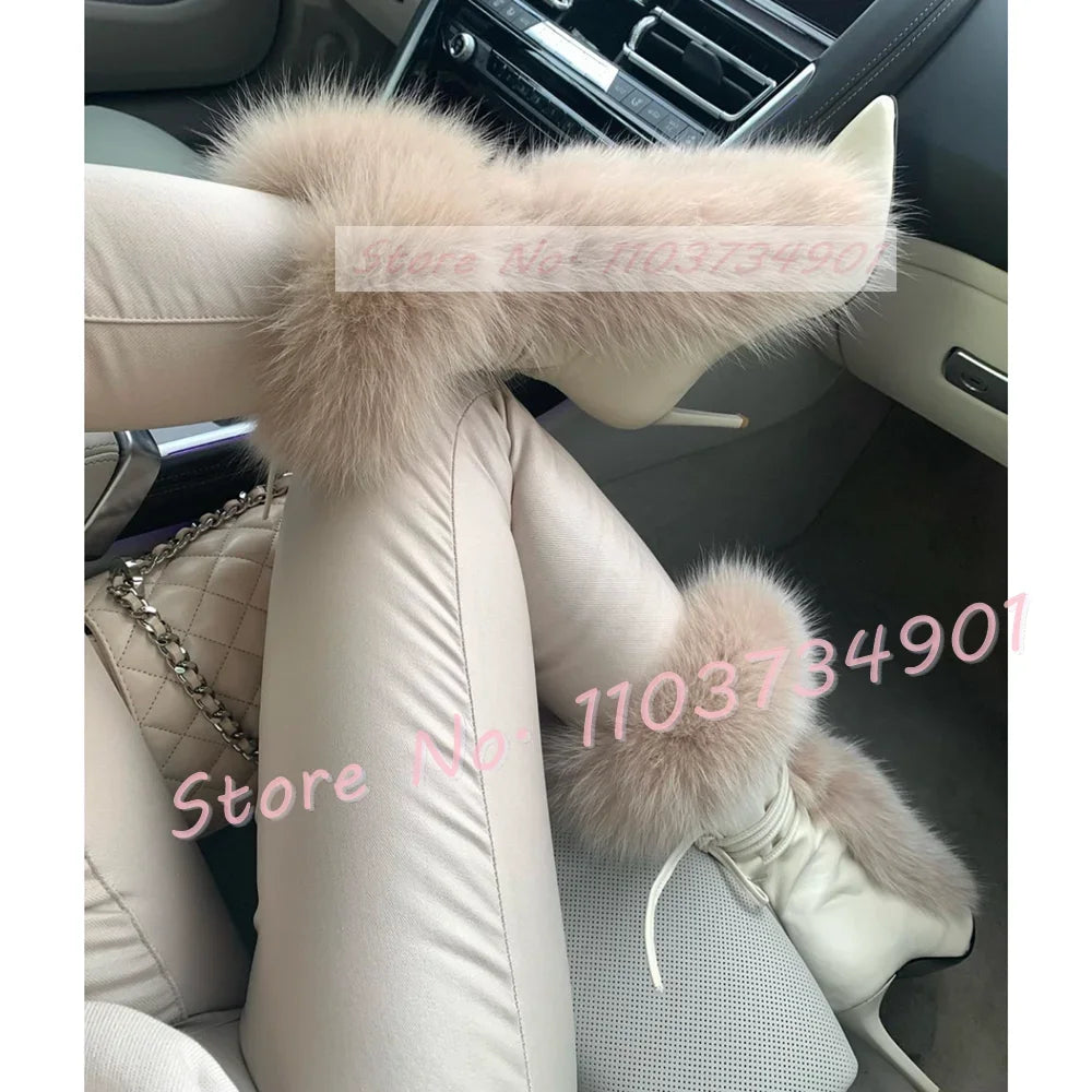 Real Fur Strap Mid Calf Boots Women Sexy Pointed Toe Lace-up Cross Strap High Heels Shoes Lady Big Size Party Street Style Boots