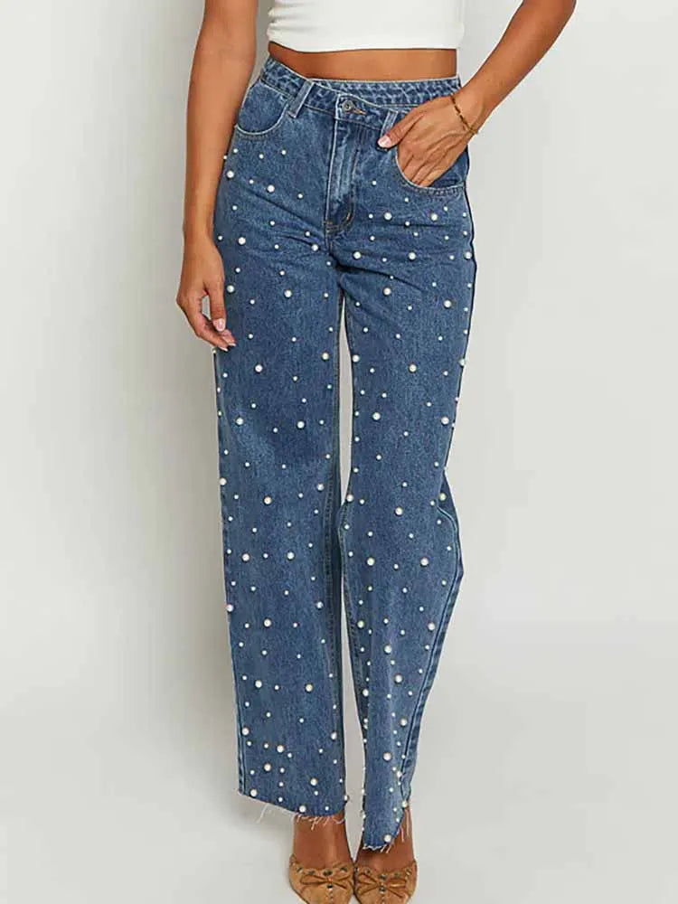 BKQU Elegant Spliced Pearl Jeans Woman Irregular High Waist Casual Loose Straight Trousers Y2k Streetwear Chic Trendy Denim Pant