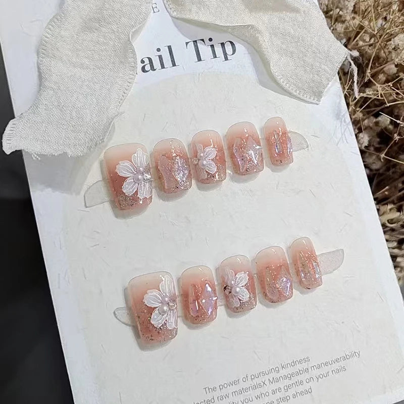10pcs/Set Handmade Press on Nails Pink Flower Sweet Style Short Square Head Glossy Finish Nail For Women DIY Manicure Nail Tips