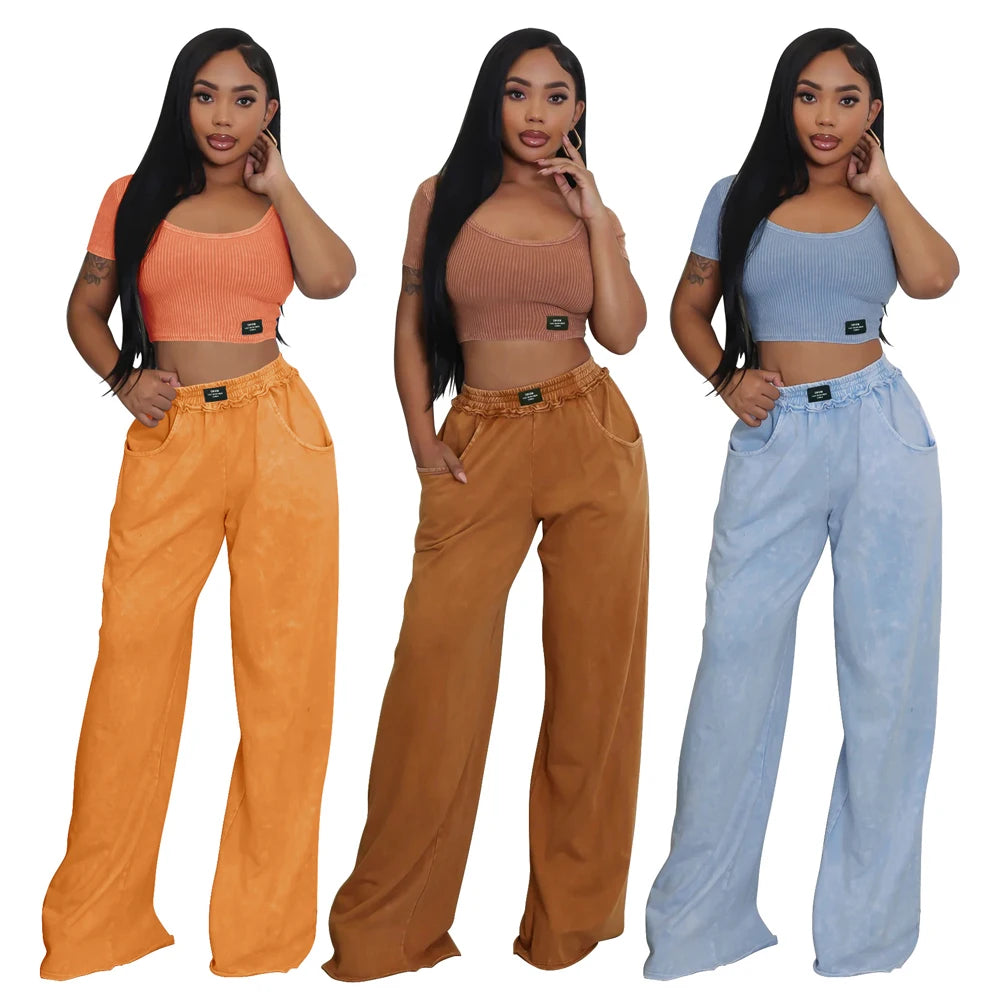 Fashion Women Clothing Distressed Tracksuits Casual Sexy U Neck Crop Top and Wide Leg Pants Suits Ladies Elegant 2 Two Piece Set