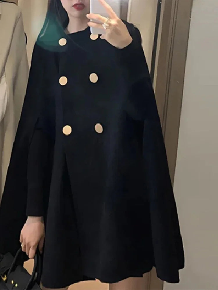 Double Breasted Women Cape Coat Faux Woolen Loose Solid Female Overcoat 2024 Fashion Spring Poncho Elegant Lapel Lady Jacket
