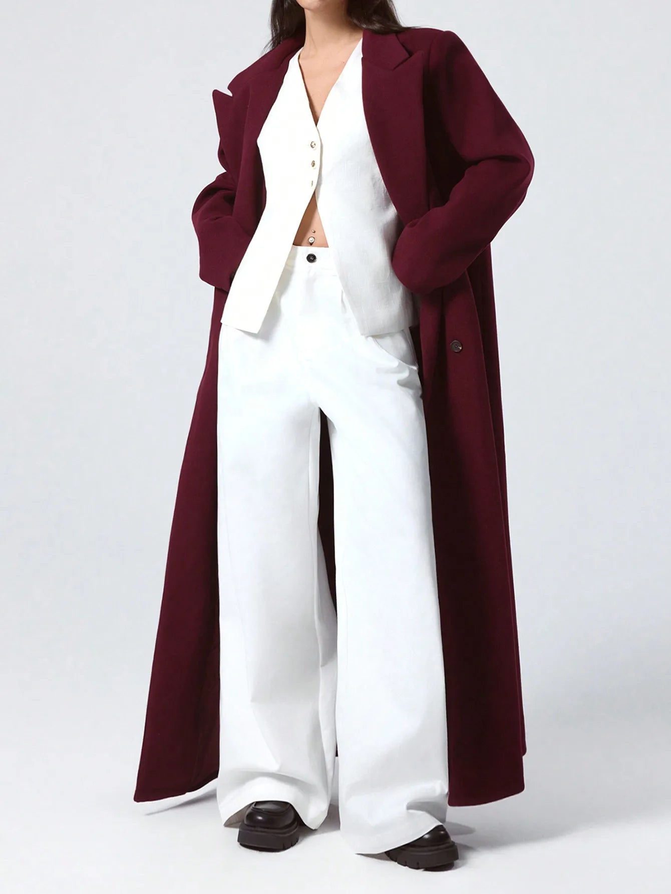Wine-red Woolen Coat For Women, Long Autumn New Slim-fit Overcoat, Hepburn-style Knee-length Wool Coat
