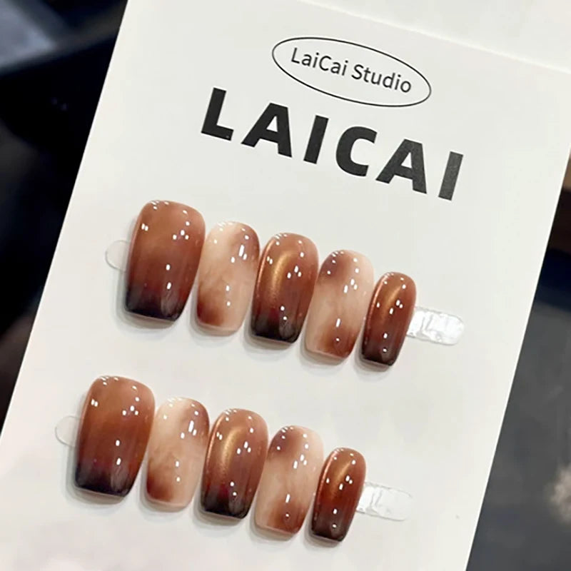 Handmade Press on Nails Color Blending Golden False Nails Square Head Girl Press on Nail Wearable Detachable Nail Tips 10pcs