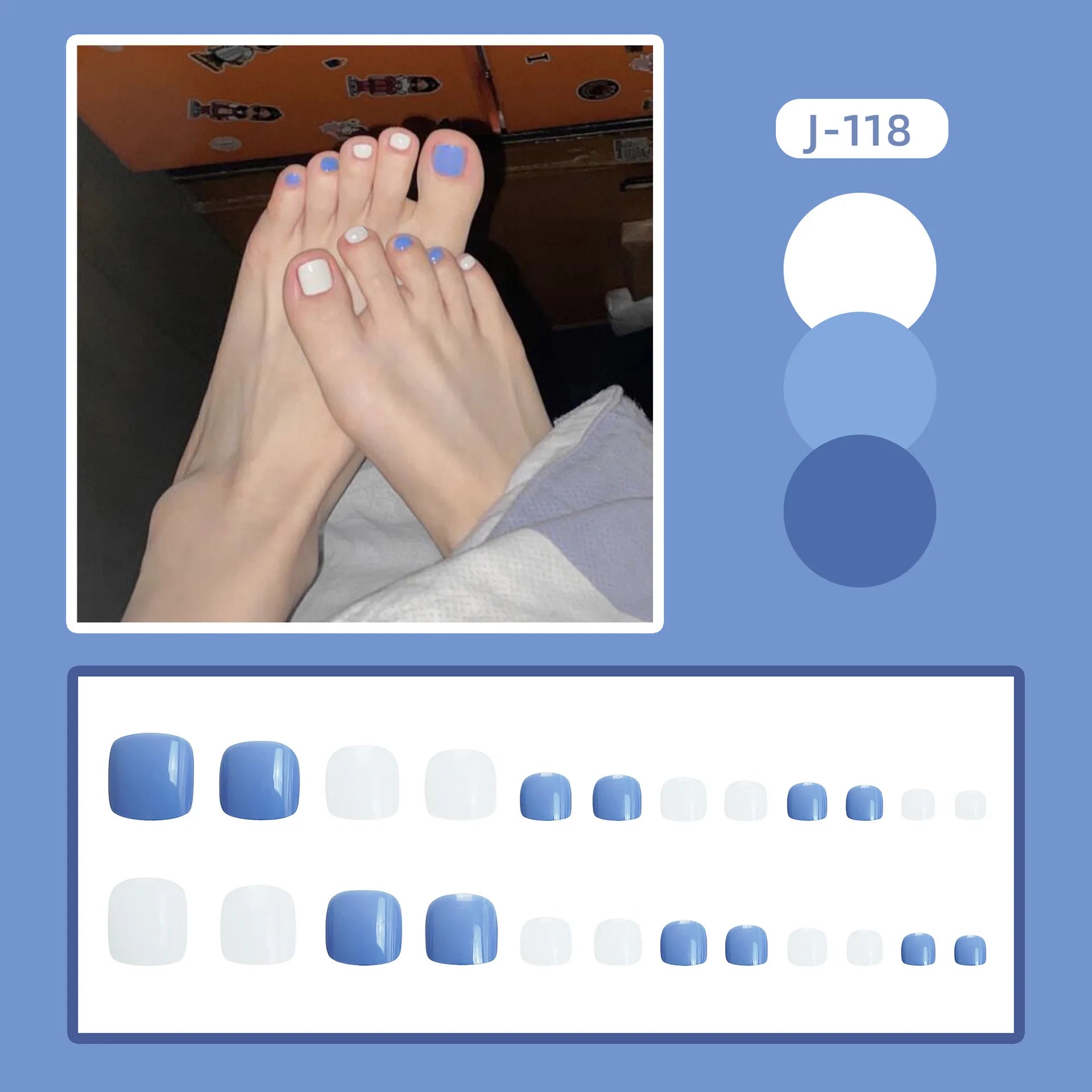 24Ps Glossy Lake Blue Press on Toe Nails Artificial Acrylic Fake Toenails Full Coverage Removable Wearable Toe Nail Art Finished