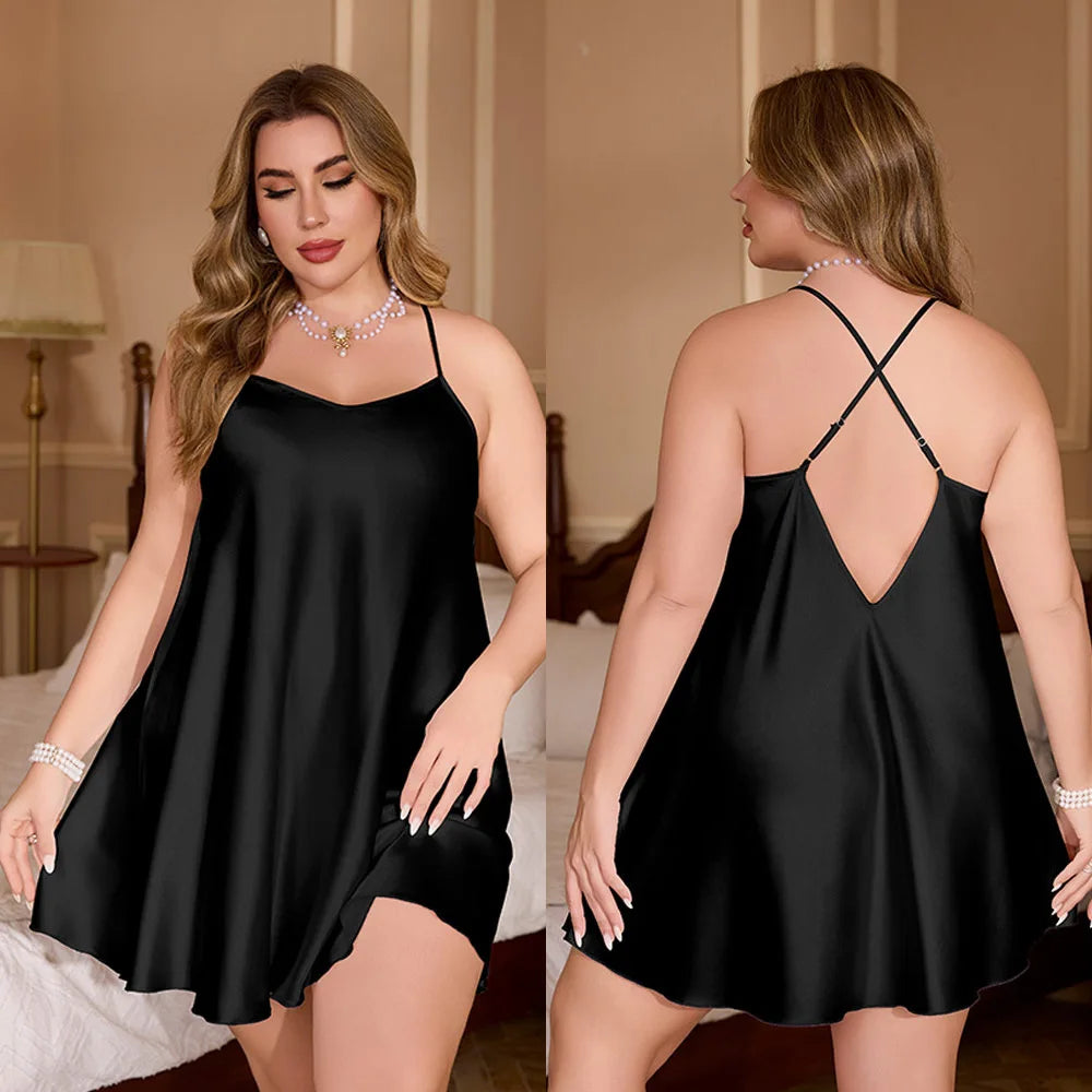 Plus Size 3XL 4XL 5XL Women Chemise Sleepwear Nightgown Sexy Spaghetti Strap Nightdress Lingerie Loose Casual Satin Homewear
