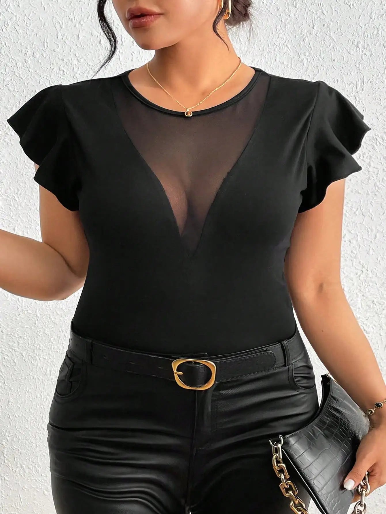 Plus Size V-Neck Patchwork Ruffle Sleeve Tee