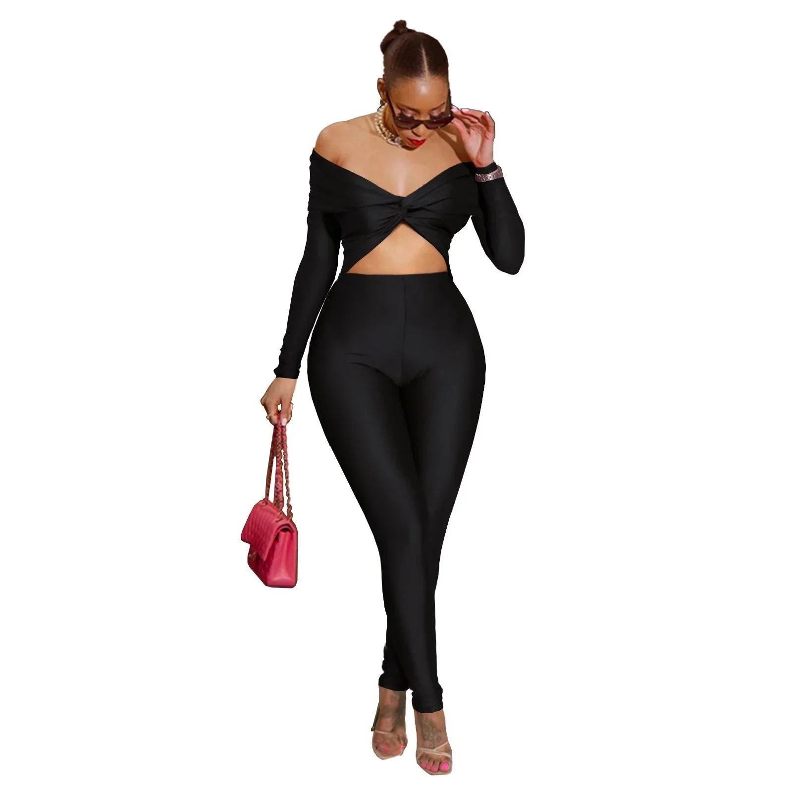 Sexy High-Waist Long-Sleeve One-Piece Suit GL6755 Hollow out Collar Knot Design Cross-Border Women's Fashion Crop Top Bottoms