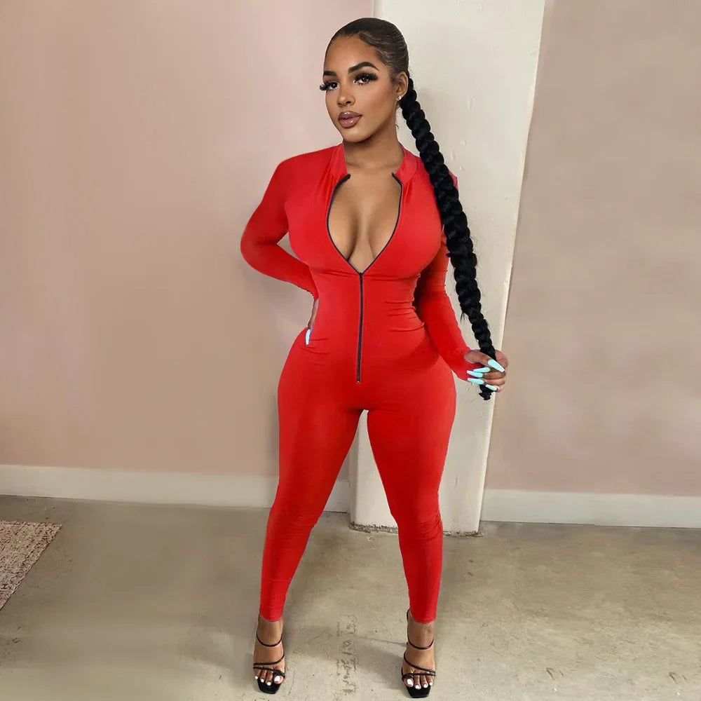 Deep V Zip-Up Bodycon Jumpsuit
