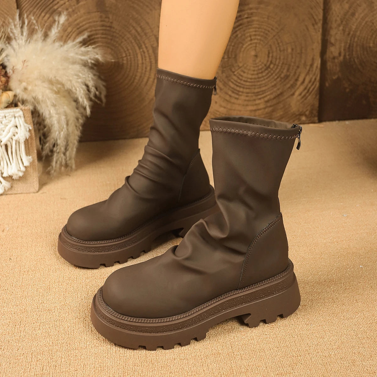 2025 New Platform Heel Women Short Boots Fashion Back Zippers Ankle Boots Retro Style Autumn Winter Female Shoes Женские ботинки