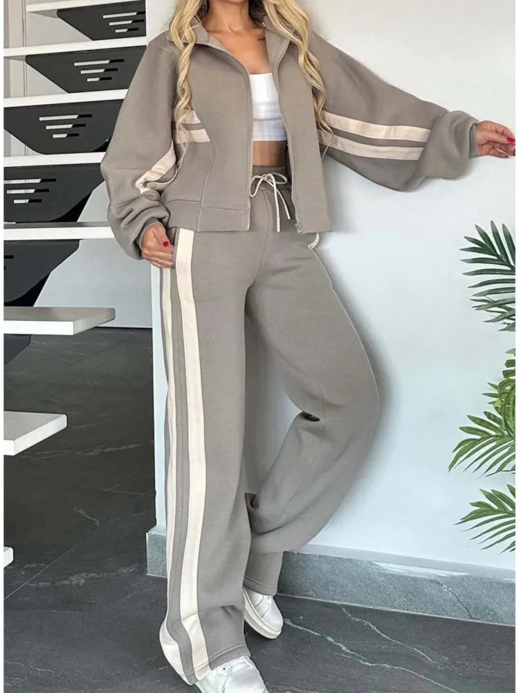 Fashion Striped Hoodie Set For Women Casual Long Sleeve Zip Tops+High Waist Wide Leg Pants 2 Piece Sets Lady Y2k Sports Clothes