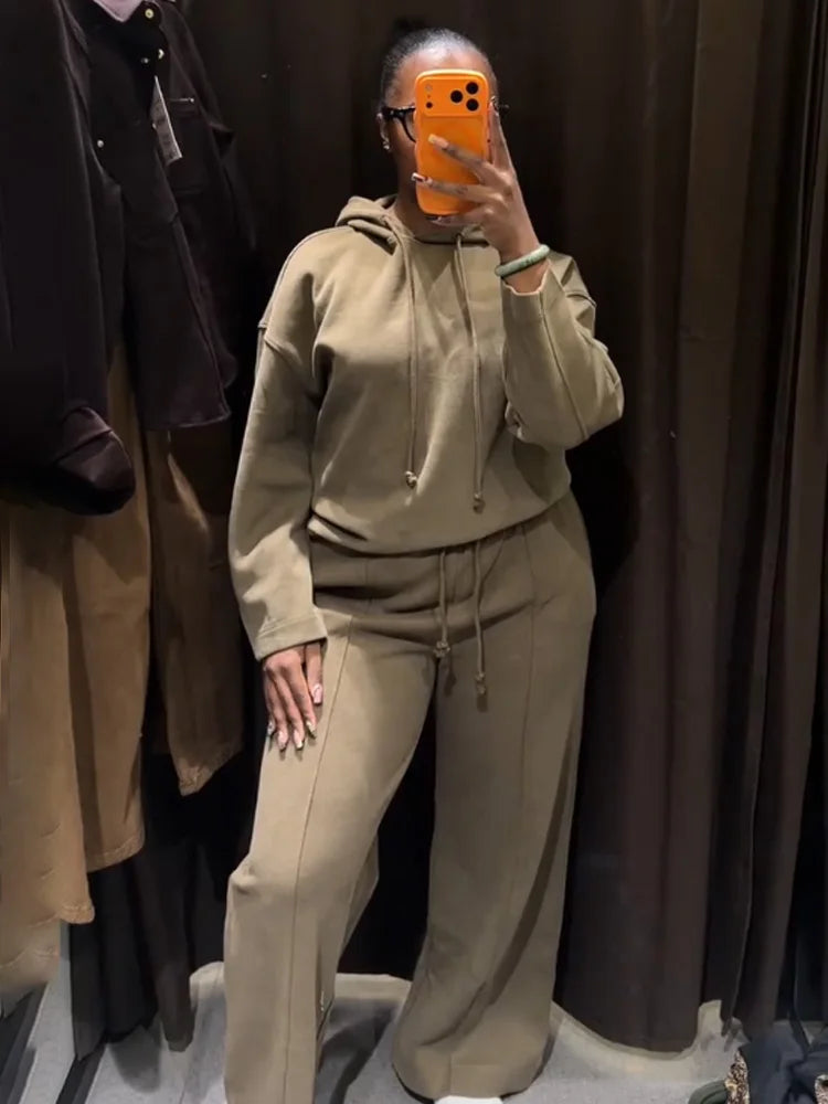 HH Women Pants Suit Autumn Hooded Long Sleeves Casual Loose Hoodie Top+High Waist Drawstr Solid Trousers Fashion 2 Piece Set