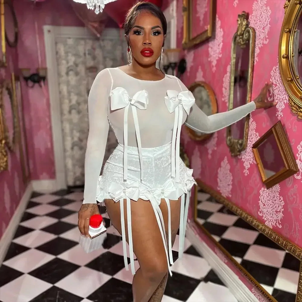 2026 European and American Sexy 3D Three-dimensional Bow See-through Top, Lace Tassel Streamer Tide Shorts Set