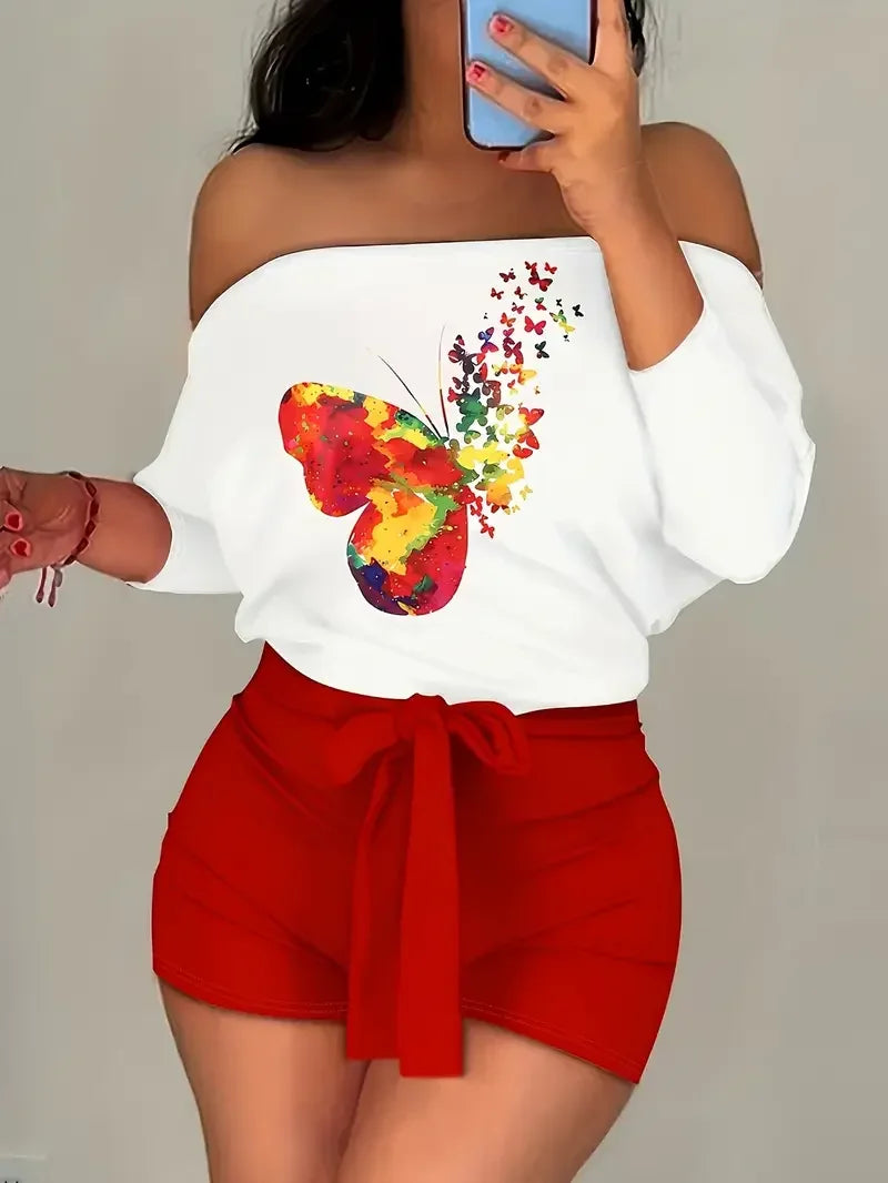 Plus Size Shoulder-Baring Print Two-Piece Set