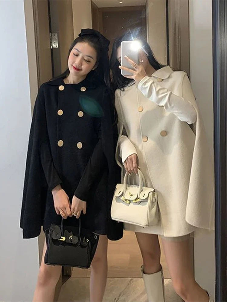Double Breasted Women Cape Coat Faux Woolen Loose Solid Female Overcoat 2024 Fashion Spring Poncho Elegant Lapel Lady Jacket