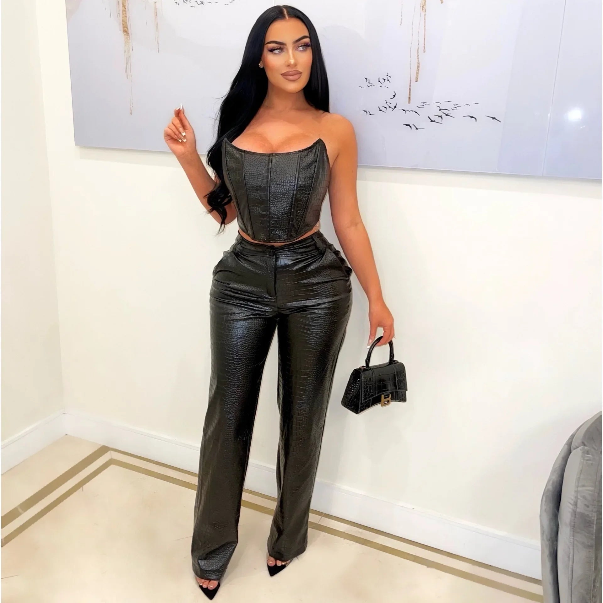 PU Leather 2 Piece Sets Women Outfit 2024 Sleeveless Tube Strapless Crop Top and Wide Leg Pants Suit Birthday Night Club Outfits