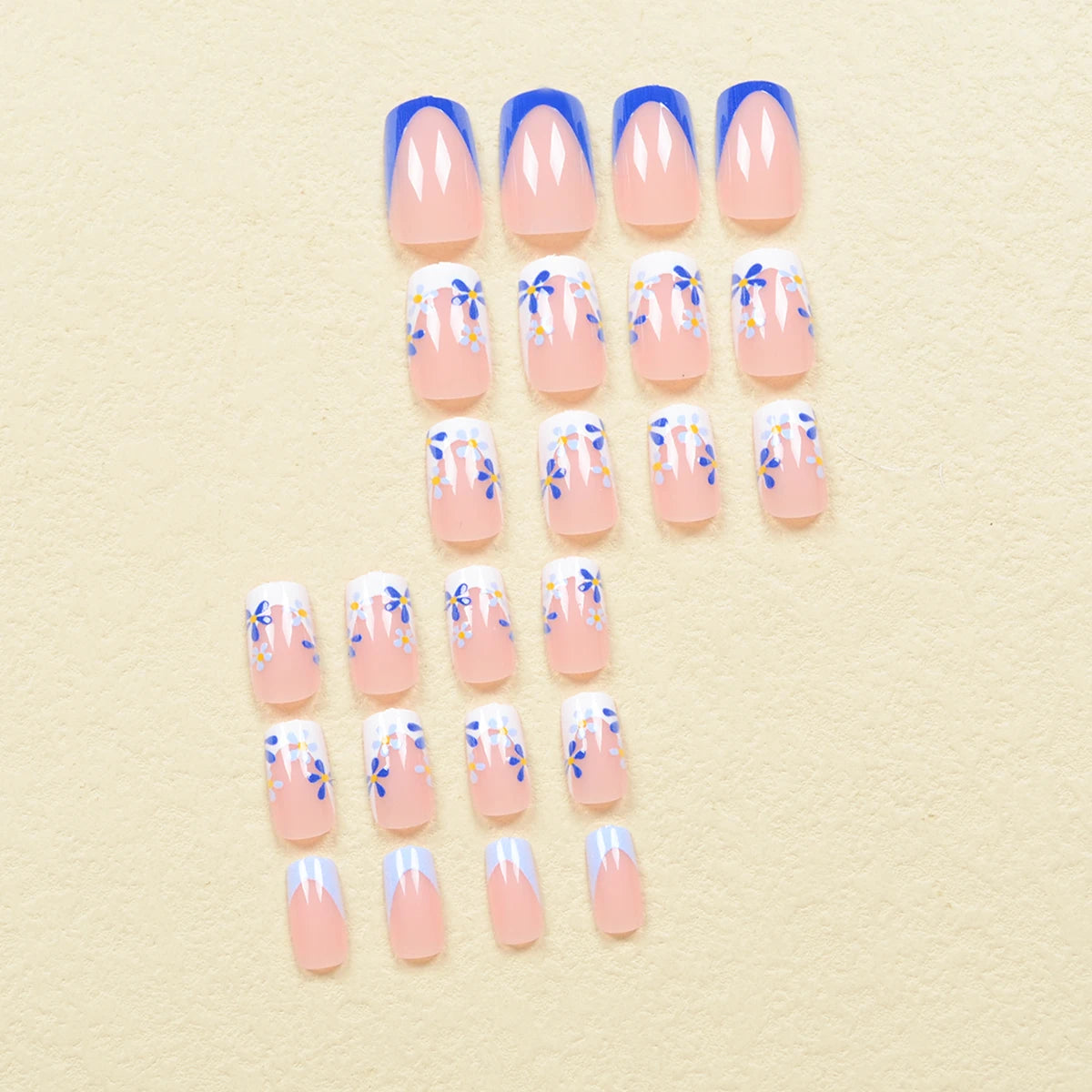 24pcs Set Of Medium Square Press-On Nails - Blue & White French Tip With Cute Floral Design, Glossy Finish - Perfect For Hands